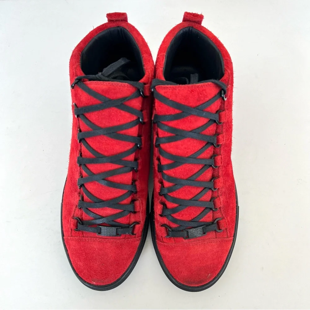 BALENCIAGA Arena Pavot Red Suede Black Trim High Top Lace Up Sneakers Sz 39